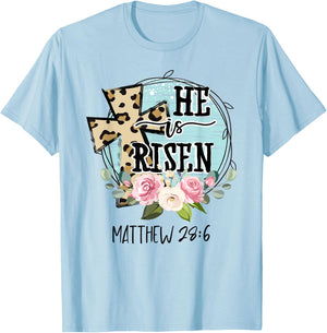 He is Risen Jesus Christian Happy Easter Floral Wreath Women T-Shirt - T-Shirt | Light Blue