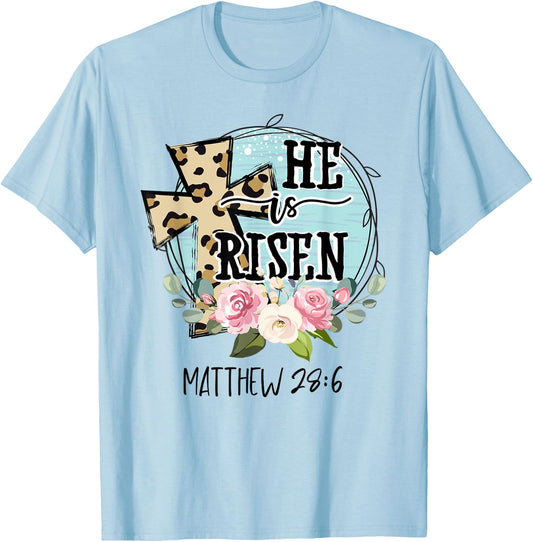 He is Risen Jesus Christian Happy Easter Floral Wreath Women T-Shirt - T-Shirt | Light Blue