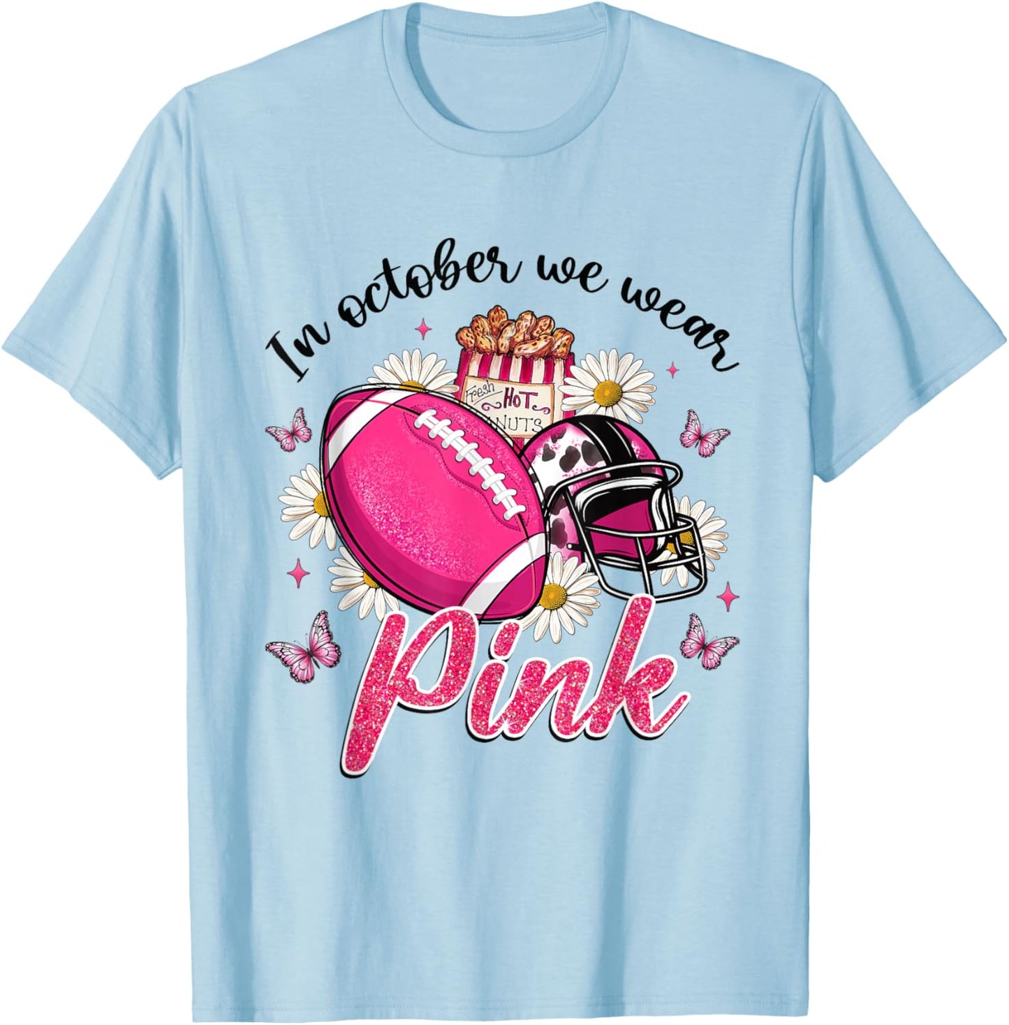 In October We Wear Pink Football Butterfly Breast Cancer T-Shirt - T-Shirt | Light Blue