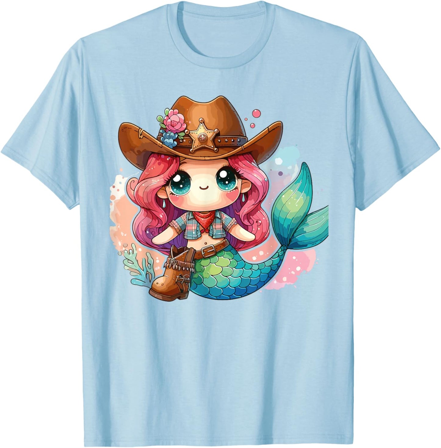 Western Rodeo Cowboy Hat Mermaid Texas Animals T-Shirt - T-Shirt | Light Blue