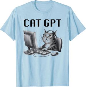 CAT GPT Funny AI Cat - Computer Chat Bot Humorous Kitty Pun T-Shirt - T-Shirt | Light Blue
