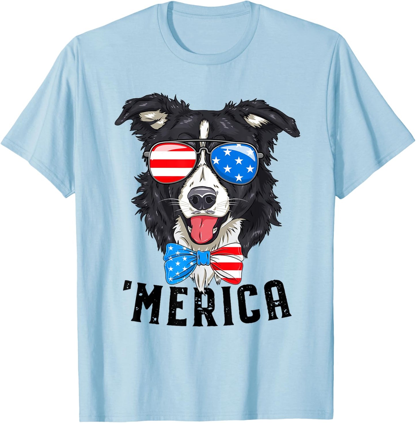 Border Collie Lover Patriotic Merica 4th July American Flag T-Shirt - T-Shirt | Light Blue