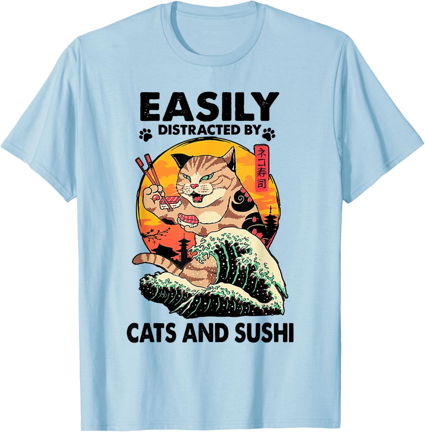 Easily Distracted By Cats And Sushi T-Shirt - T-Shirt | Light Blue