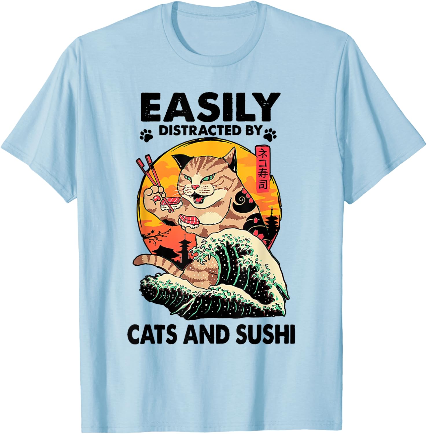 Easily Distracted By Cats And Sushi T-Shirt - T-Shirt | Light Blue