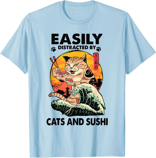 Easily Distracted By Cats And Sushi T-Shirt - T-Shirt | Light Blue