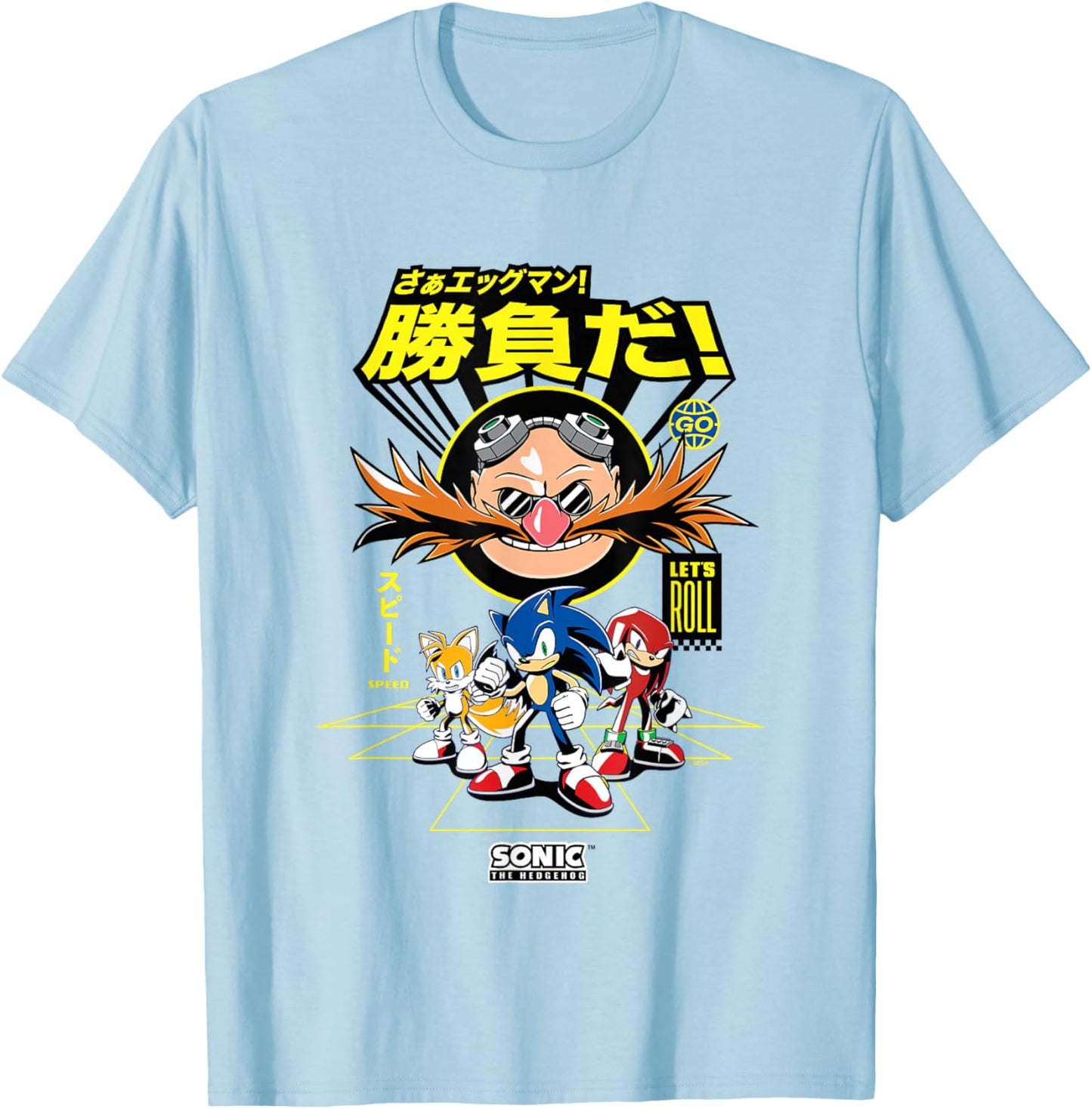 Sonic The Hedgehog Come On Eggman! Kanji Group Shot T-Shirt - T-Shirt | Light Blue