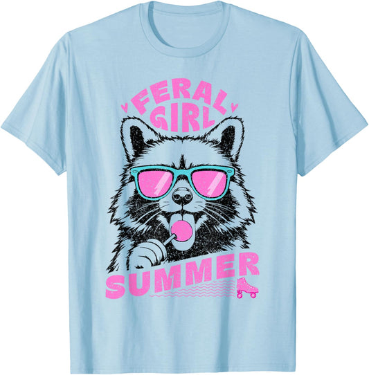 Feral Girl Summer Raccoon Vintage T-Shirt - T-Shirt | Light Blue