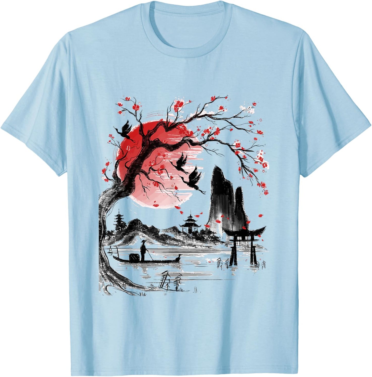 Japanese Tree Red Moon With Birds Flying in background T-Shirt - T-Shirt | Light Blue
