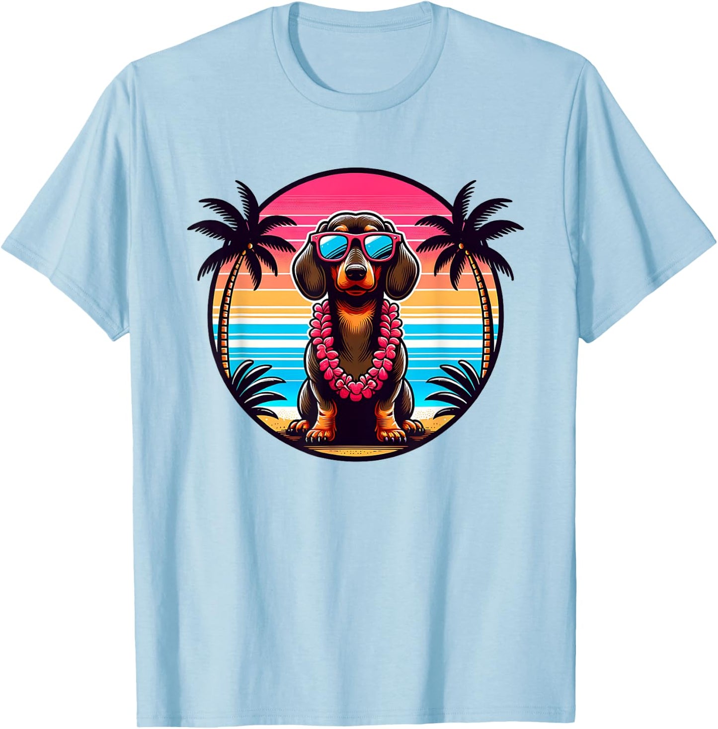 Hawaiian Cute Dachshund Tropical Summer Vacation Wiener Dog Men Women Girls Kids T-Shirt - T-Shirt | Light Blue