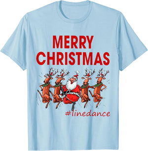 Merry Christmas Linedance Line Dance Santa Claus & Reindeer T-Shirt - T-Shirt | Light Blue