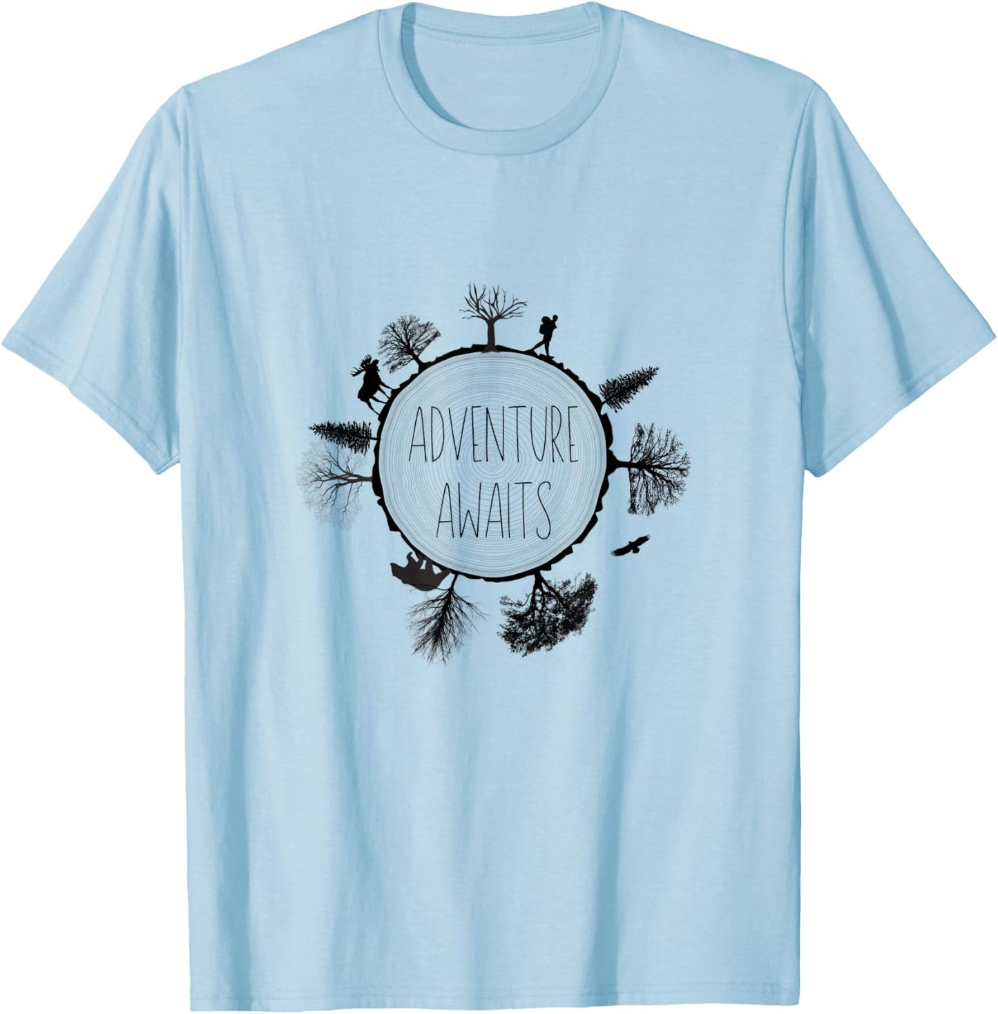 Tree Rings Hiker Moose Bear Eagle Black Adventure Awaits T-Shirt - T-Shirt | Light Blue