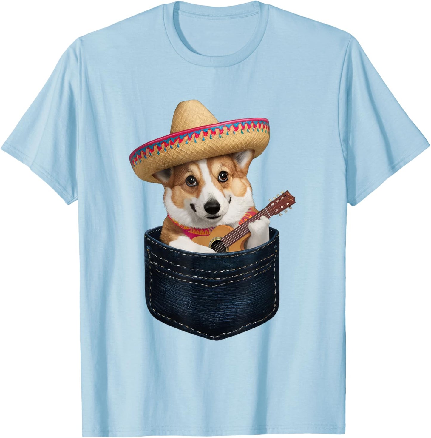 Sombrero Welsh Corgi Dog Playing Guitar Cinco de Mayo Men Women Kids T-Shirt - T-Shirt | Light Blue