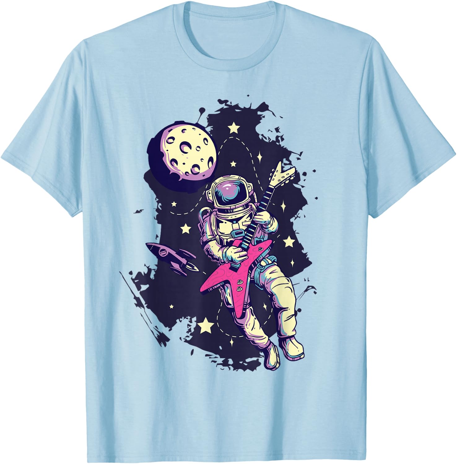 Space Rockstar Astronaut Bass Guitar Cosmic Guitar Band T-Shirt - T-Shirt | Light Blue