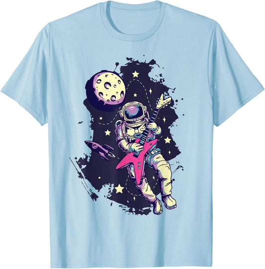 Space Rockstar Astronaut Bass Guitar Cosmic Guitar Band T-Shirt - T-Shirt | Light Blue