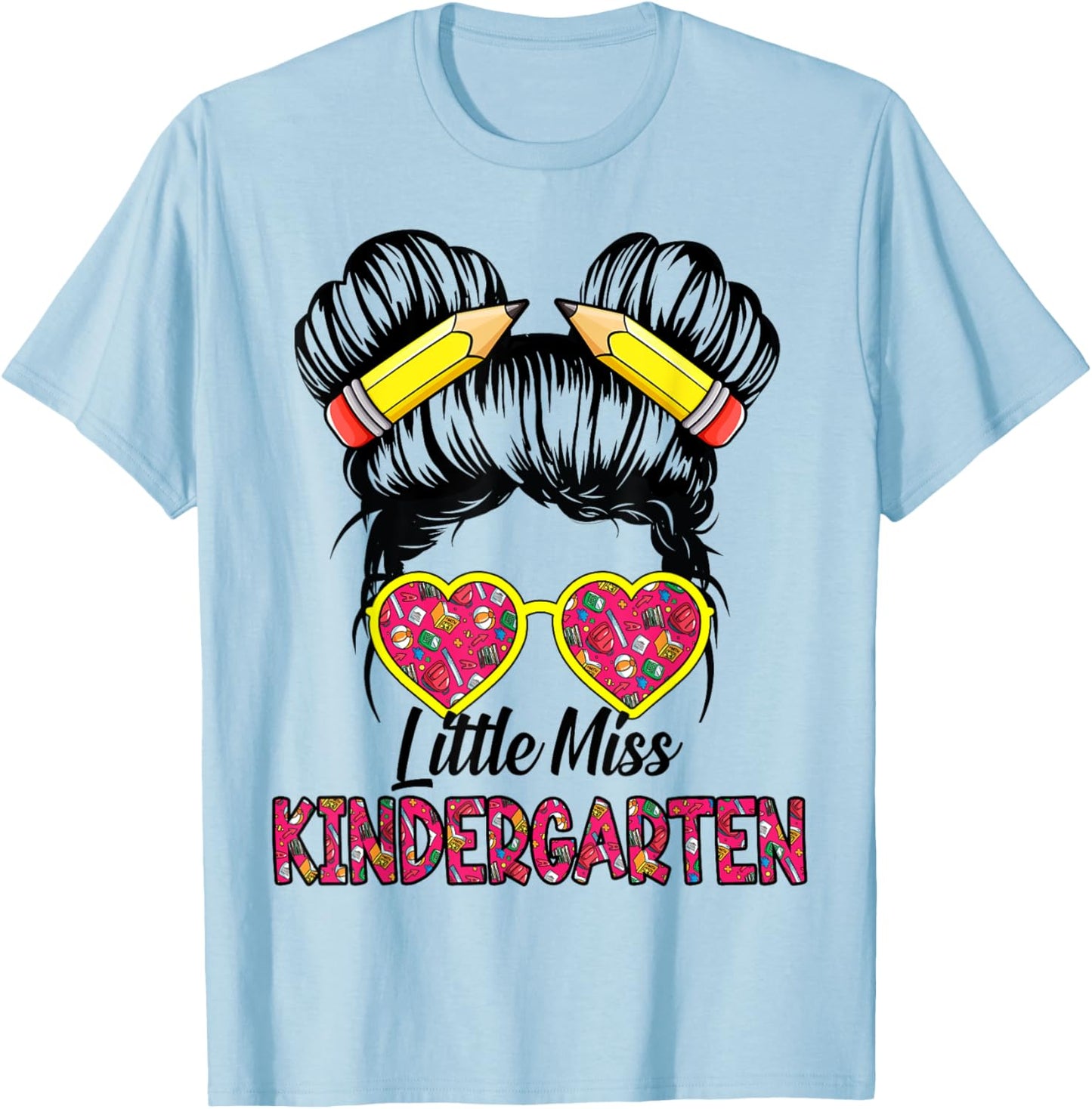 Little Miss Kindergarten Back To School Messy Bun Kids Girls T-Shirt - T-Shirt | Light Blue
