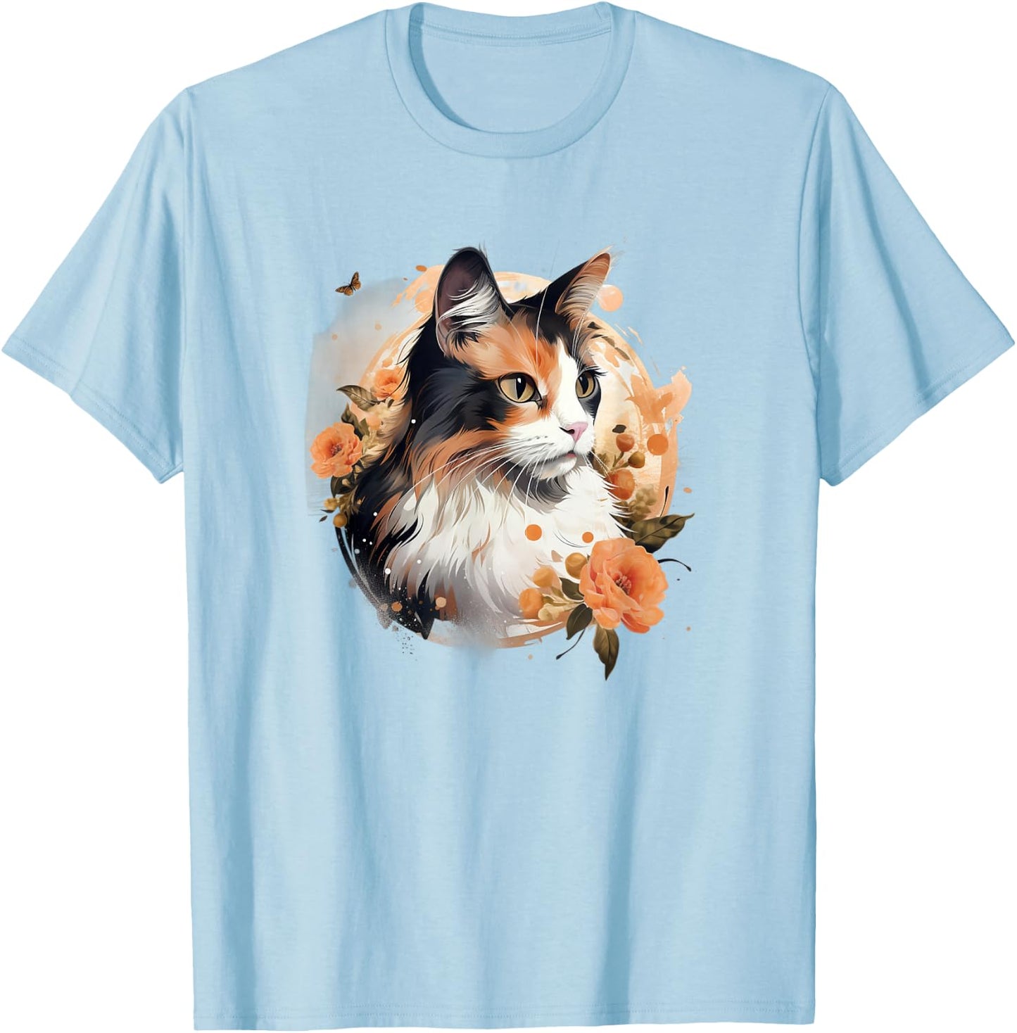 Girls Kids Floral Beautiful Flowers Calico Cat Lover T-Shirt - T-Shirt | Light Blue