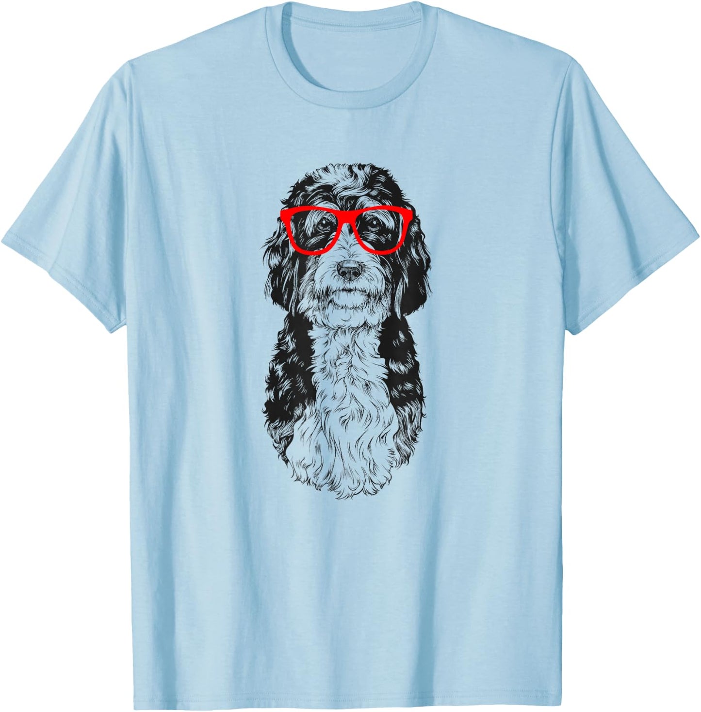 Bernedoodle in Red Glasses Nerd Doodle Dog T-Shirt - T-Shirt | Light Blue