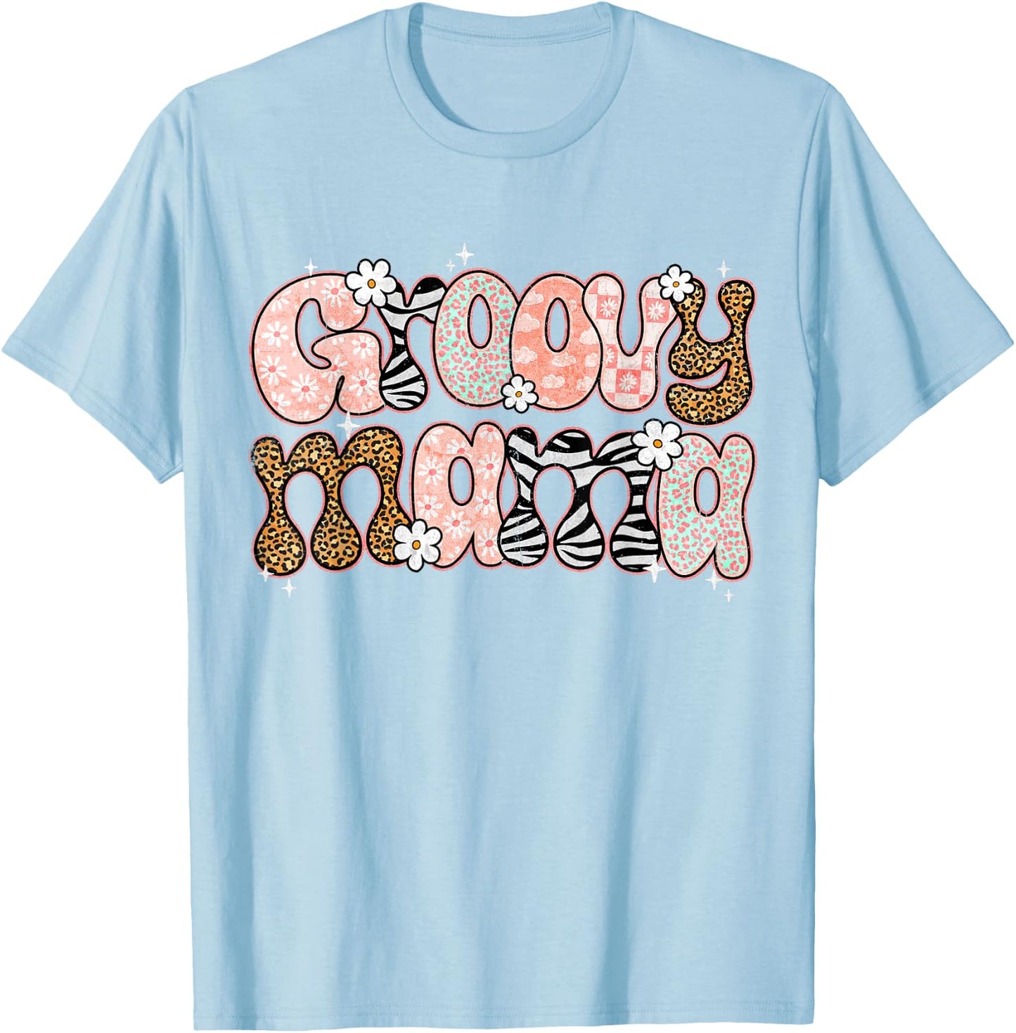 Groovy Mama Mommy Retro Floral Mom Life Leopard Maternity T-Shirt - T-Shirt | Light Blue