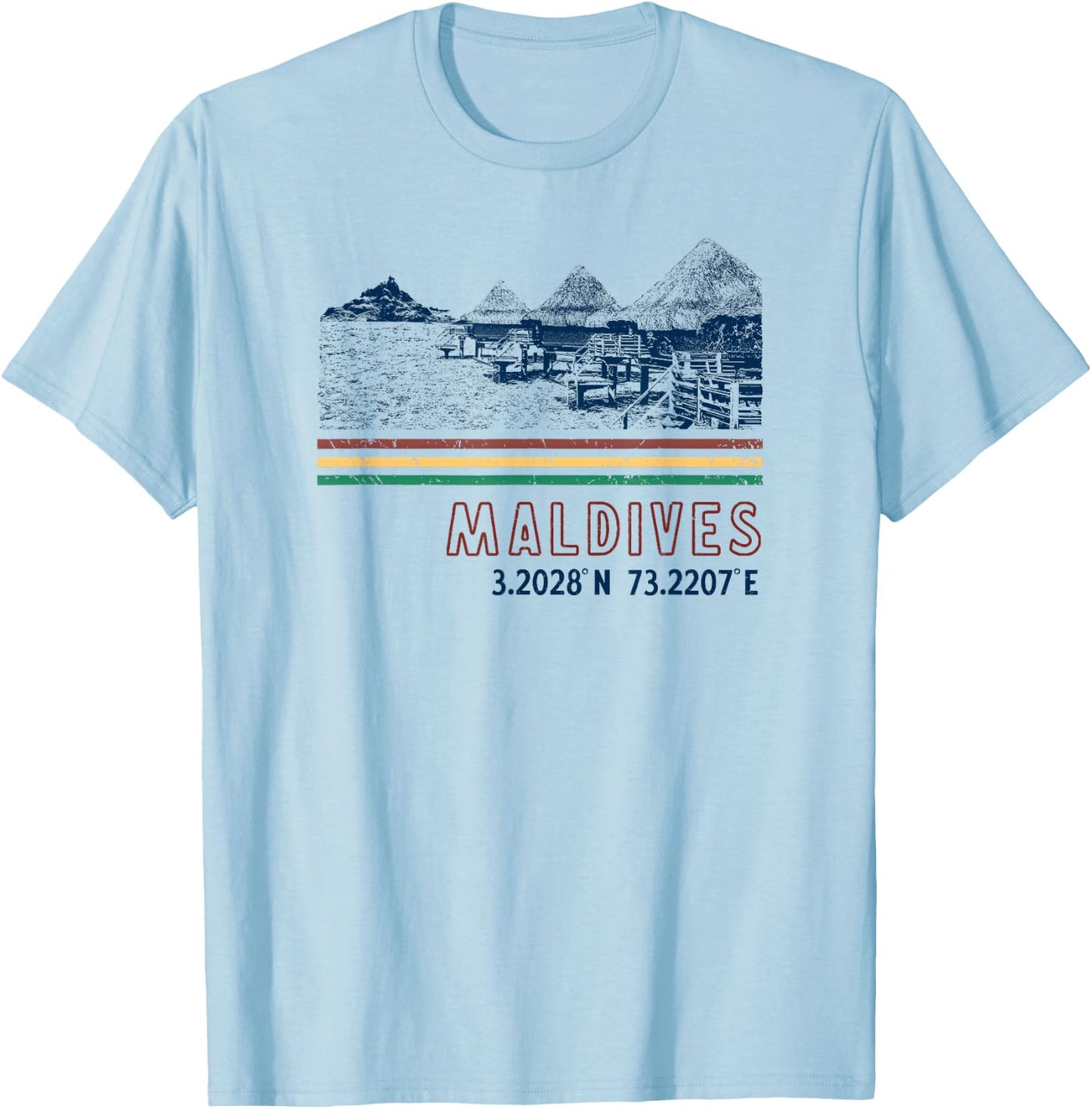 Maldives Bungalow Villas Retro T-Shirt - T-Shirt | Light Blue