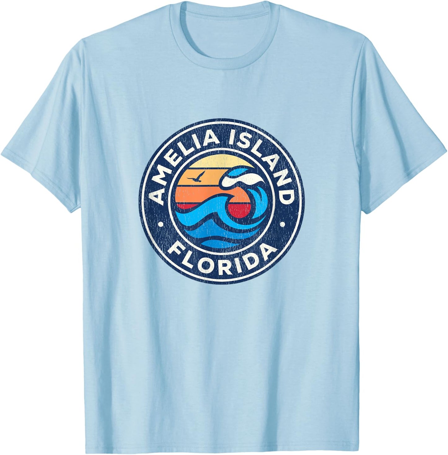 Amelia Island Florida FL Vintage Nautical Waves Design T-Shirt - T-Shirt | Light Blue