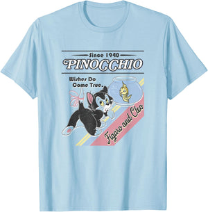 Disney Pinocchio Wishes Do Come True Figaro and Cleo Retro T-Shirt - T-Shirt | Light Blue