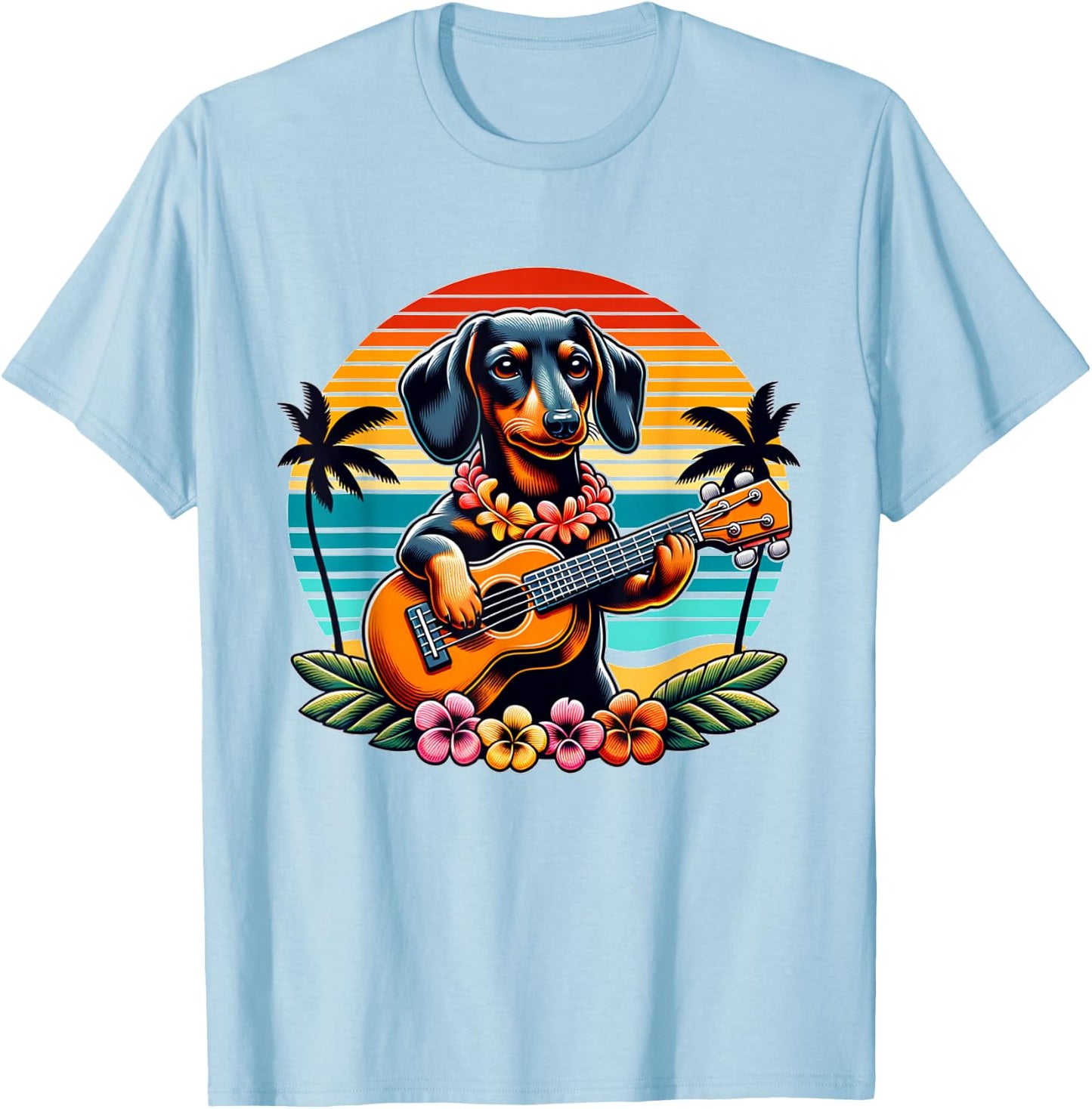 Cute dachshund Dog Playing Guitar Hawaiian Summer Wiener T-Shirt - T-Shirt | Light Blue