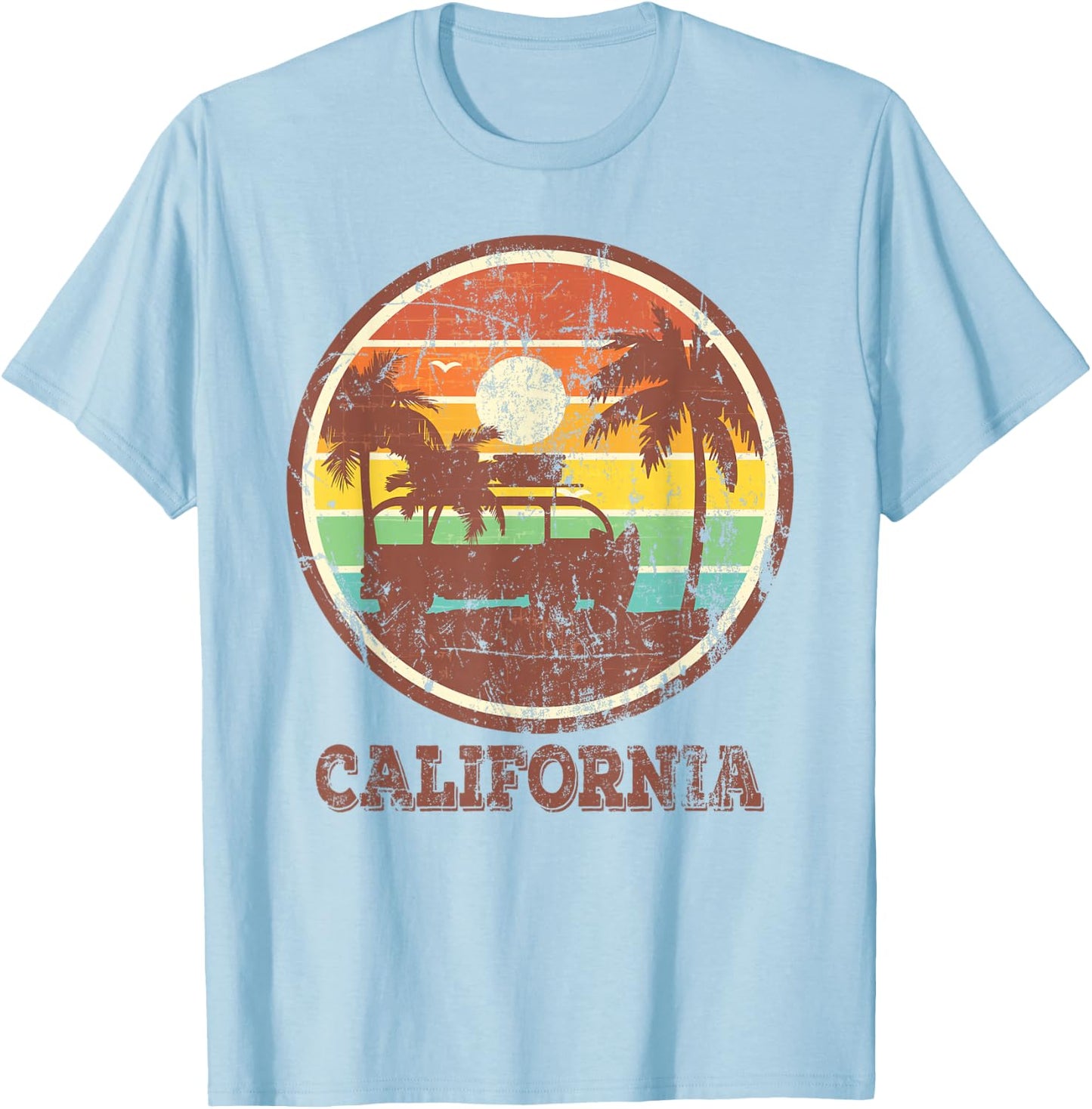 Retro Surf Vintage Sunset Van Surfer Distressed Surfing T-Shirt - T-Shirt | Light Blue