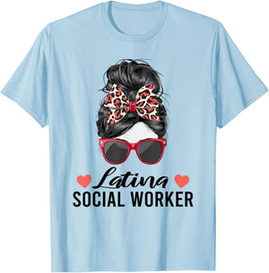 Latina Social Worker Messy Bun Hispanic Latin American Women T-Shirt - T-Shirt | Light Blue