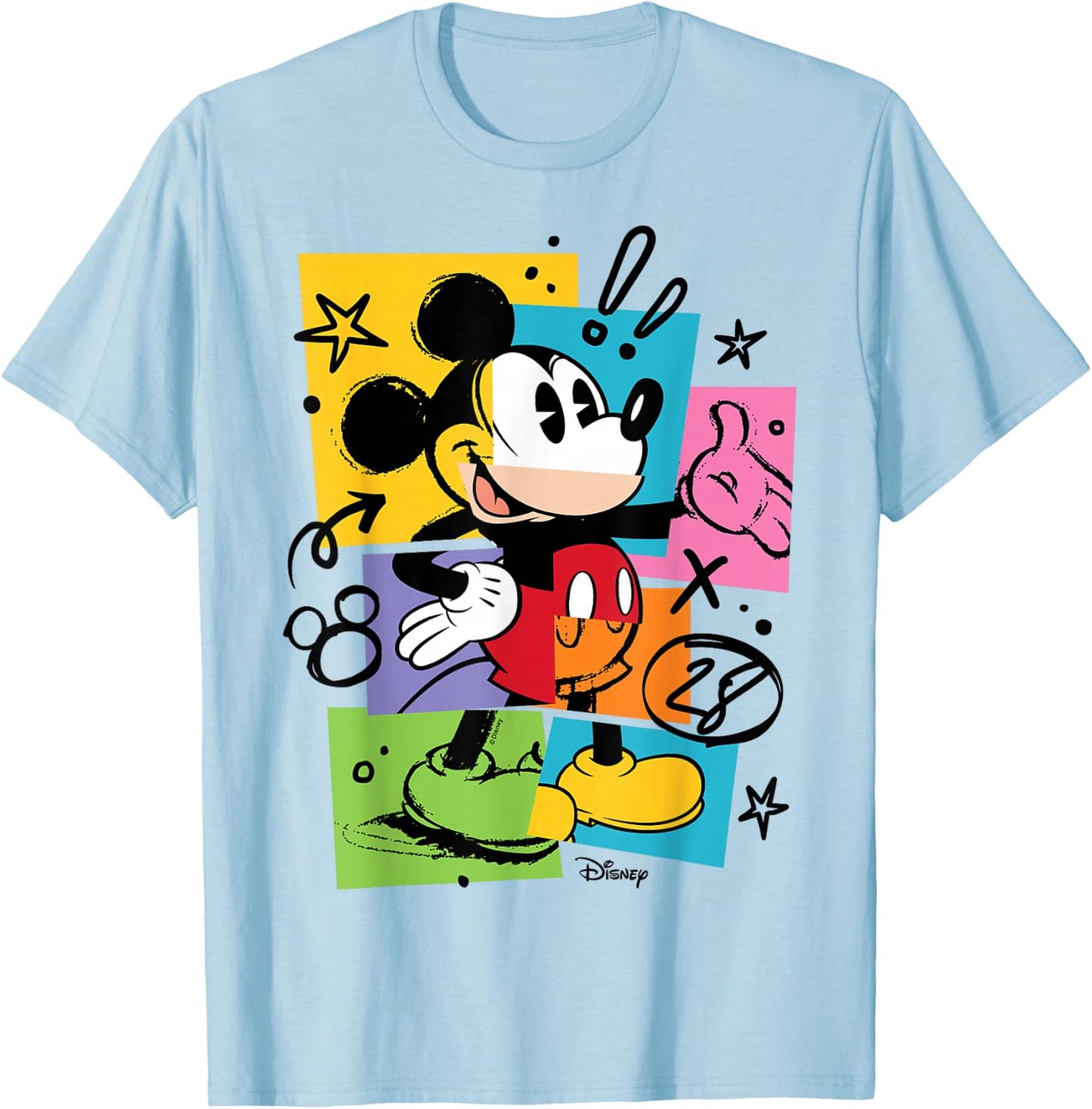 Mikey Mouse - Sketch Colorful Blocks Doodles T-Shirt - T-Shirt | Light Blue