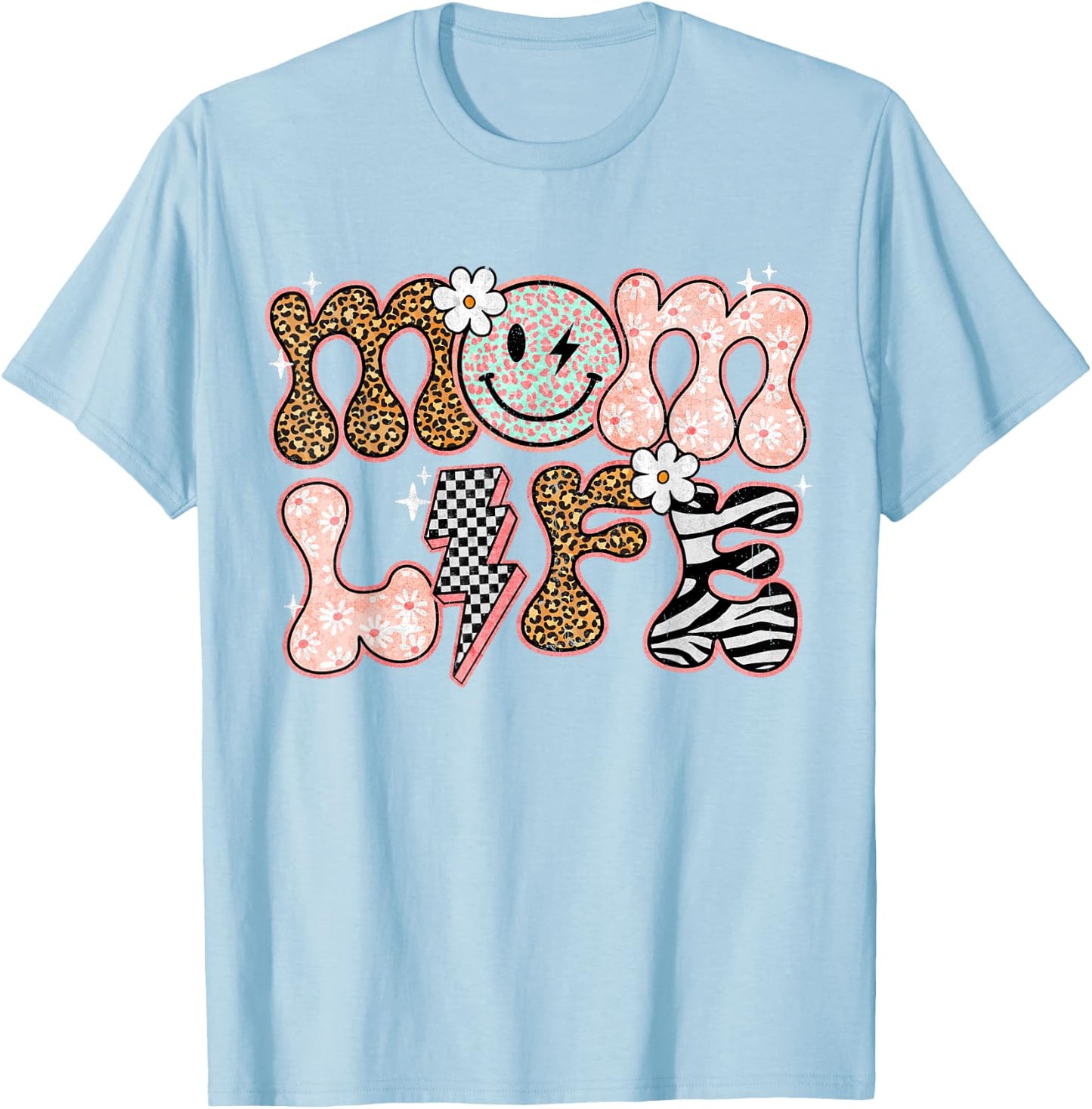 Mom Life Floral Groovy Smile Leopard Retro Mum Mum Mother T-Shirt - T-Shirt | Light Blue