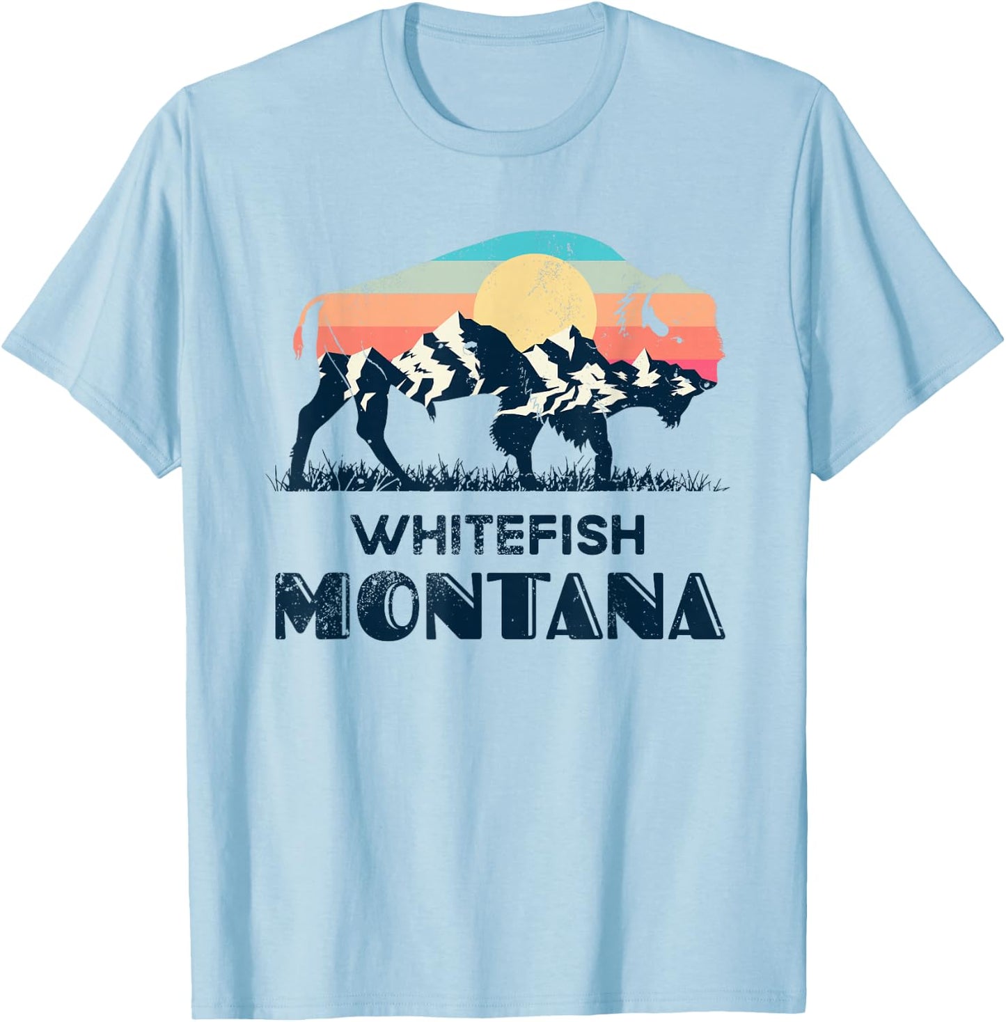 Whitefish Montana Vintage Hiking Bison Nature T-Shirt - T-Shirt | Light Blue