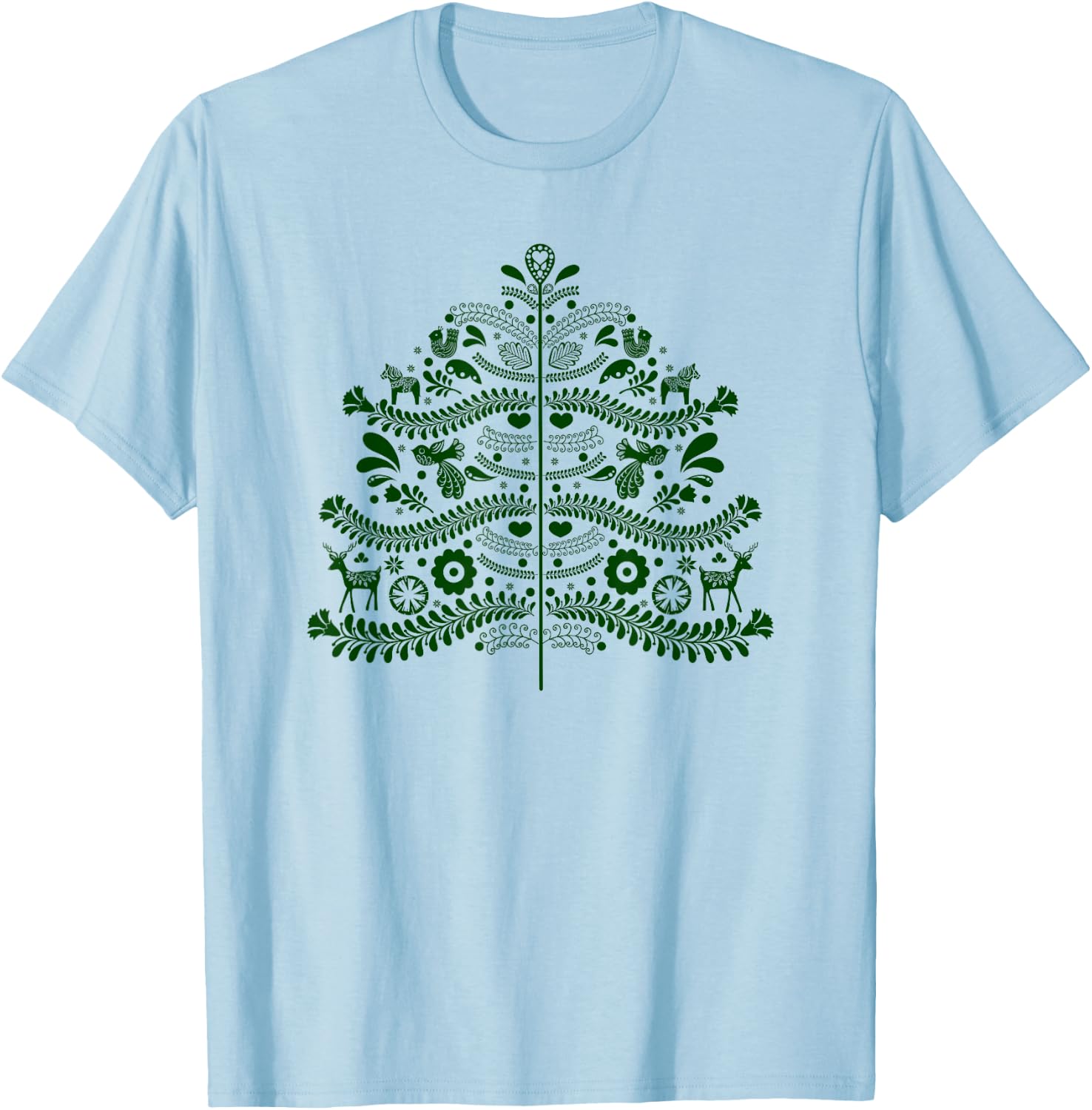 Green Scandinavian Folk Art Style Christmas Tree Design T-Shirt - T-Shirt | Light Blue