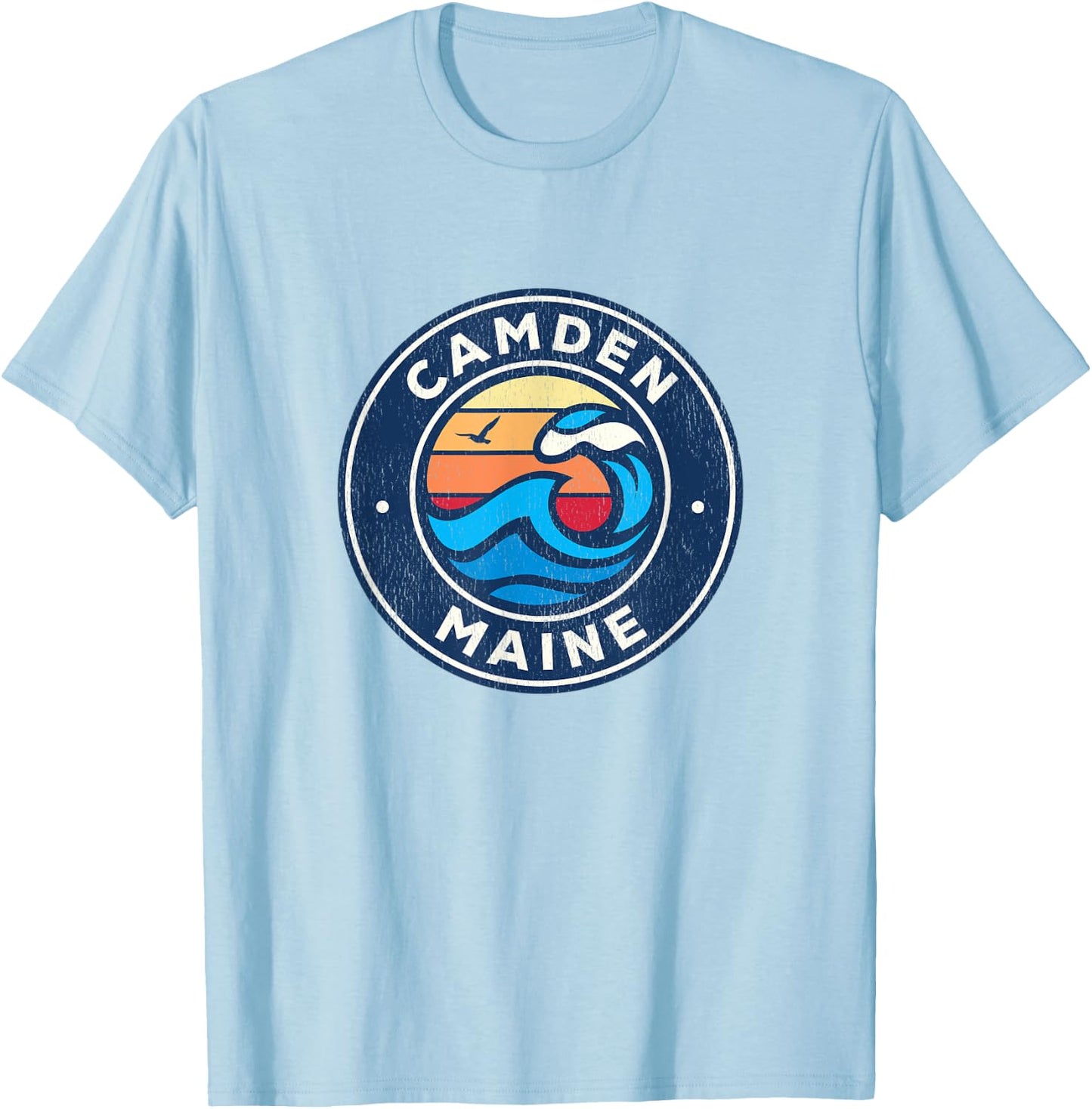 Camden Maine ME Vintage Nautical Waves Design T-Shirt - T-Shirt | Light Blue