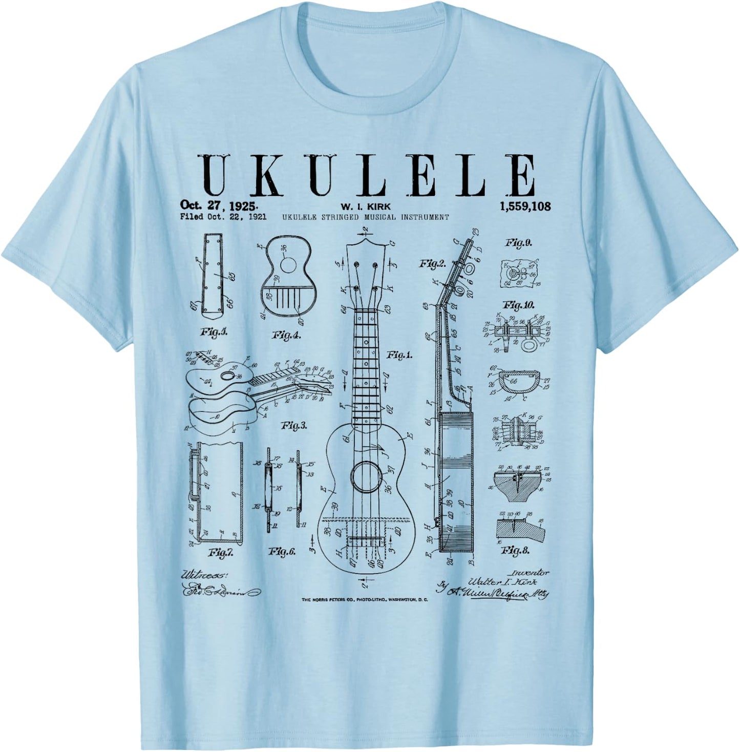 Ukulele Musical Instrument Uke Vintage Patent Drawing Print T-Shirt - T-Shirt | Light Blue