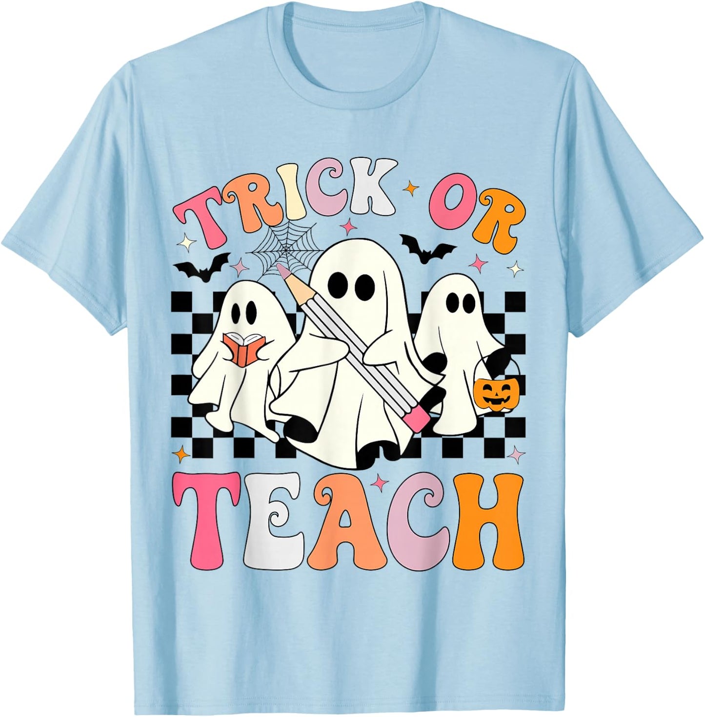 Trick or Teach Groovy Halloween Teacher Ghosts Retro Teacher T-Shirt - T-Shirt | Light Blue