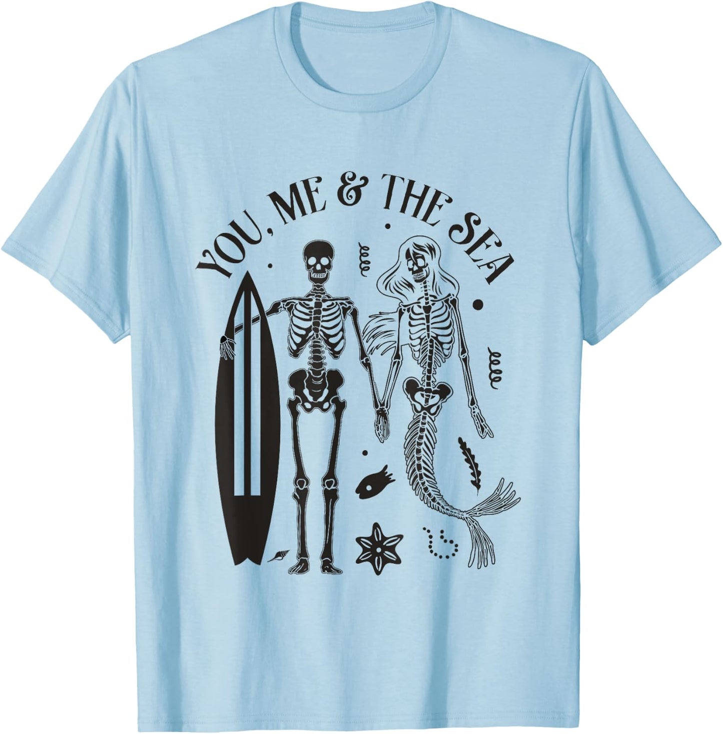 Mermaid Skeleton Couple Surfing Vintage Island Beach Surfer Women Girls Kids T-Shirt - T-Shirt | Light Blue