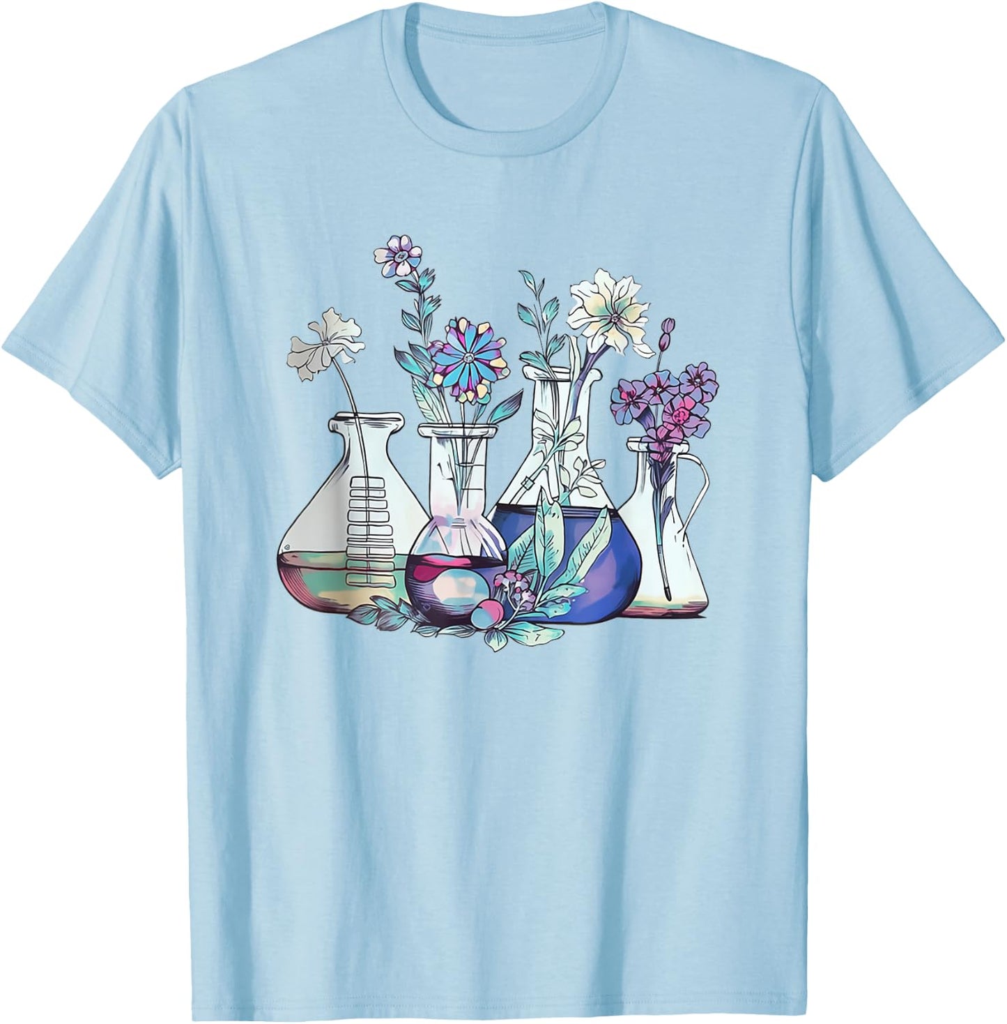 Floral Beakers Laboratory Chemistry Lab Scientist Lab Tech T-Shirt - T-Shirt | Light Blue