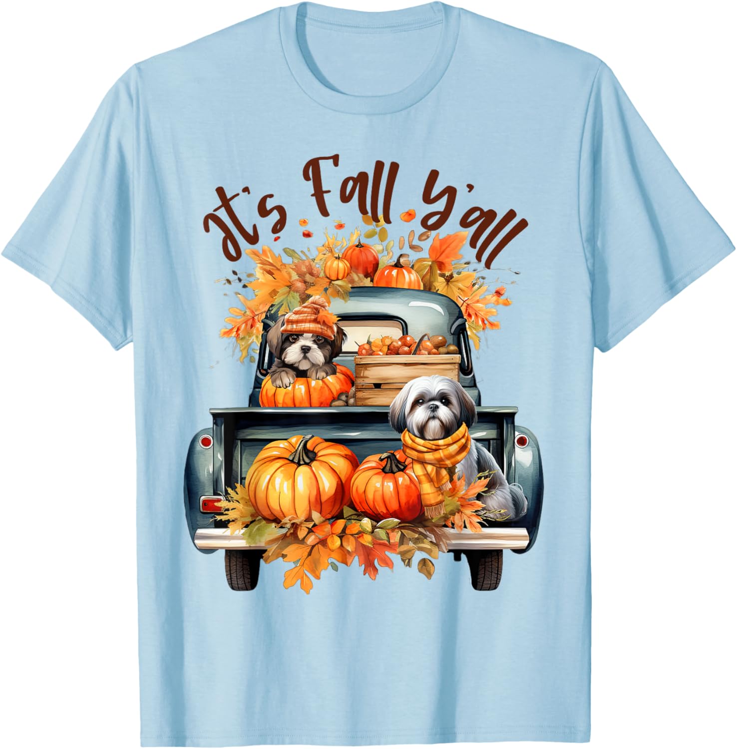 It’s Fall Y’all Shih Tzu Dogs Pumpkins Truck Autumn Season T-Shirt - T-Shirt | Light Blue