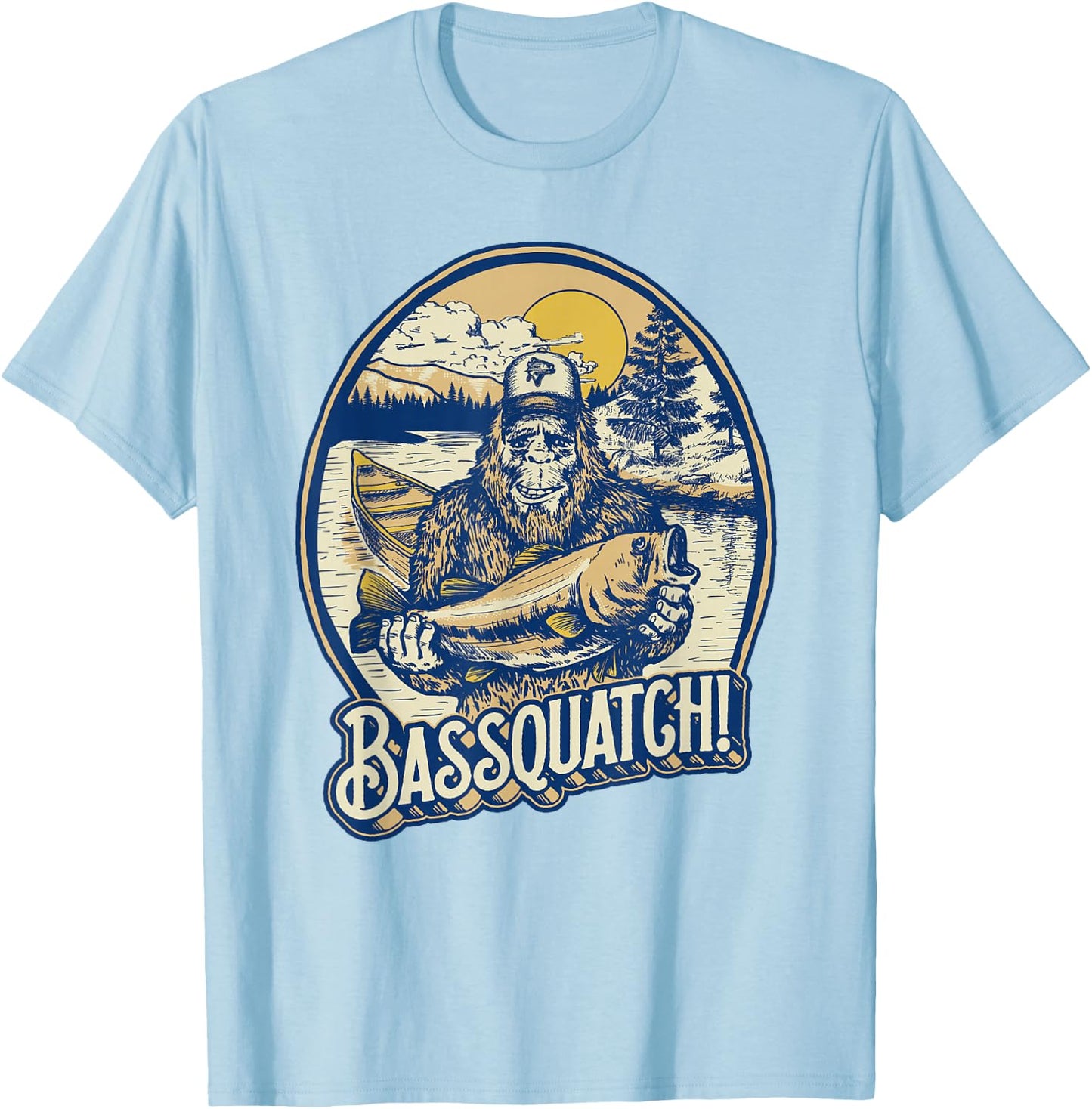Giant Step Design Co. Bassquatch! Bass Fisherman Sasquatch Funny Bigfoot Fishing T-Shirt - T-Shirt | Light Blue