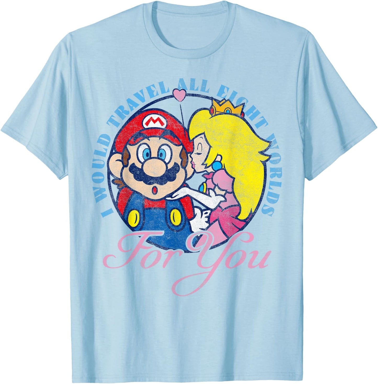 Super Mario Peach & Mario Eight Worlds For You T-Shirt - T-Shirt | Light Blue