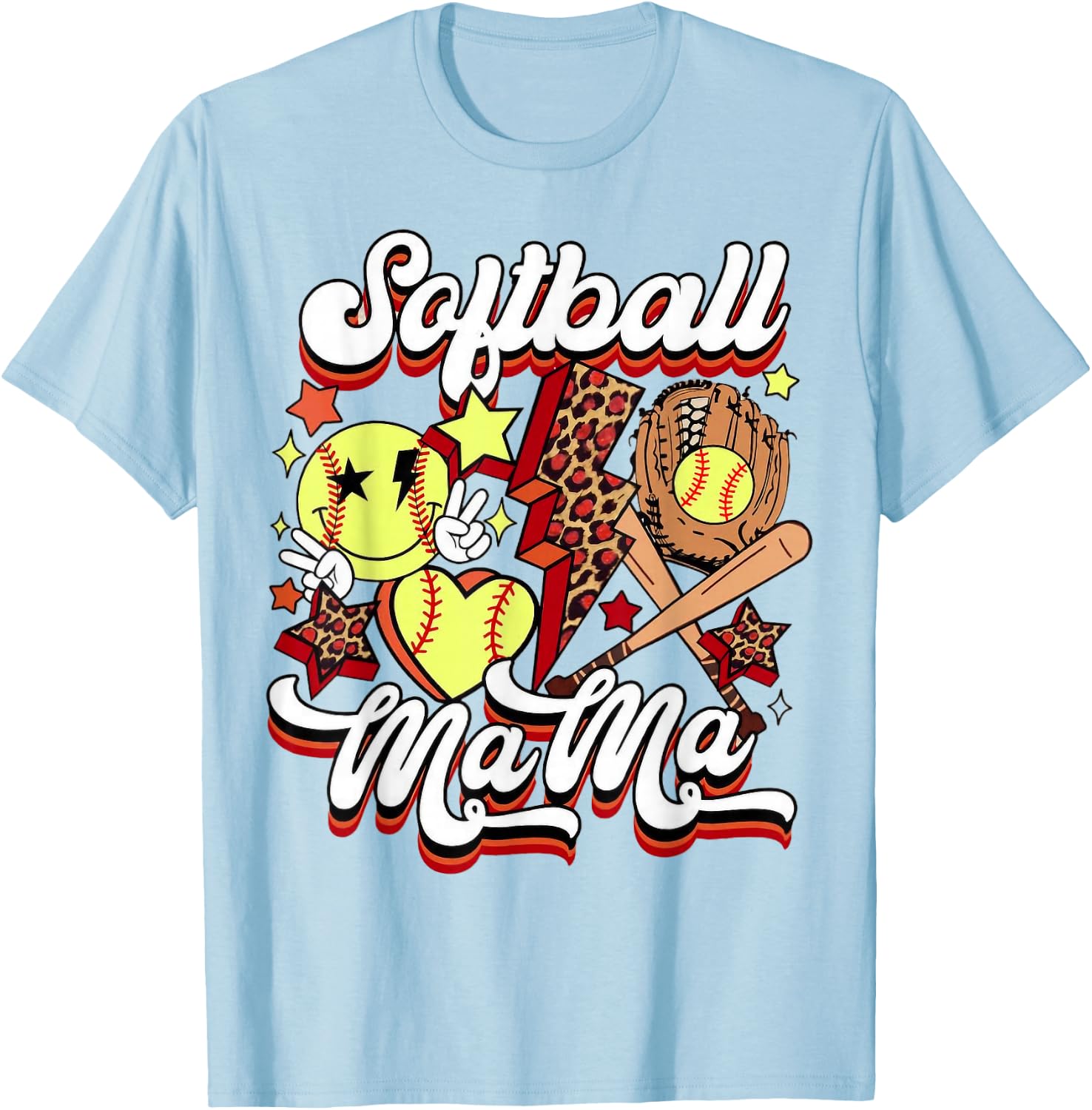 Retro Softball Mama Lightning Bolt Funny Mother's Day T-Shirt - T-Shirt | Light Blue