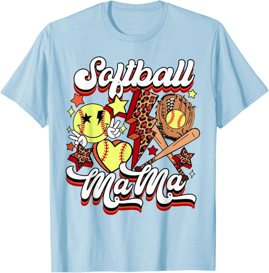 Retro Softball Mama Lightning Bolt Funny Mother's Day T-Shirt - T-Shirt | Light Blue