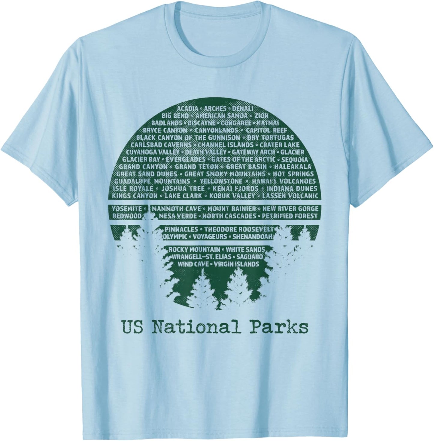 National Parks List USA Word Art Cloud Trees Camping Hiking T-Shirt - T-Shirt | Light Blue
