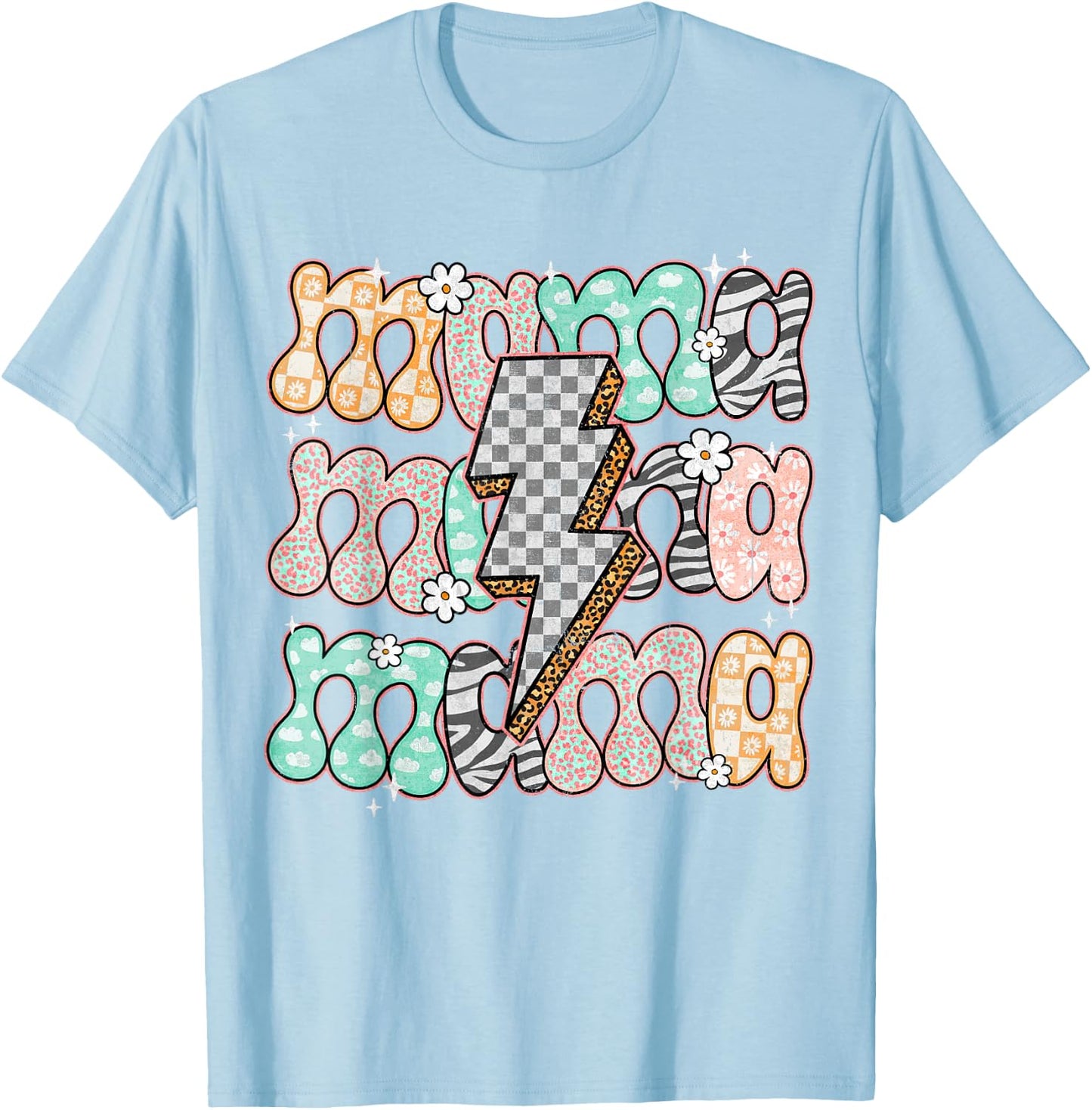 Mama Floral Groovy Mom Life Leopard Mommy Bolt Lightning T-Shirt - T-Shirt | Light Blue