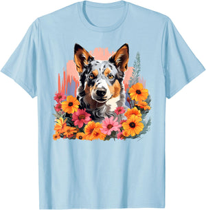 Cute Blue Heeler Spring Flower Garden Australian Cattle Dog T-Shirt - T-Shirt | Light Blue