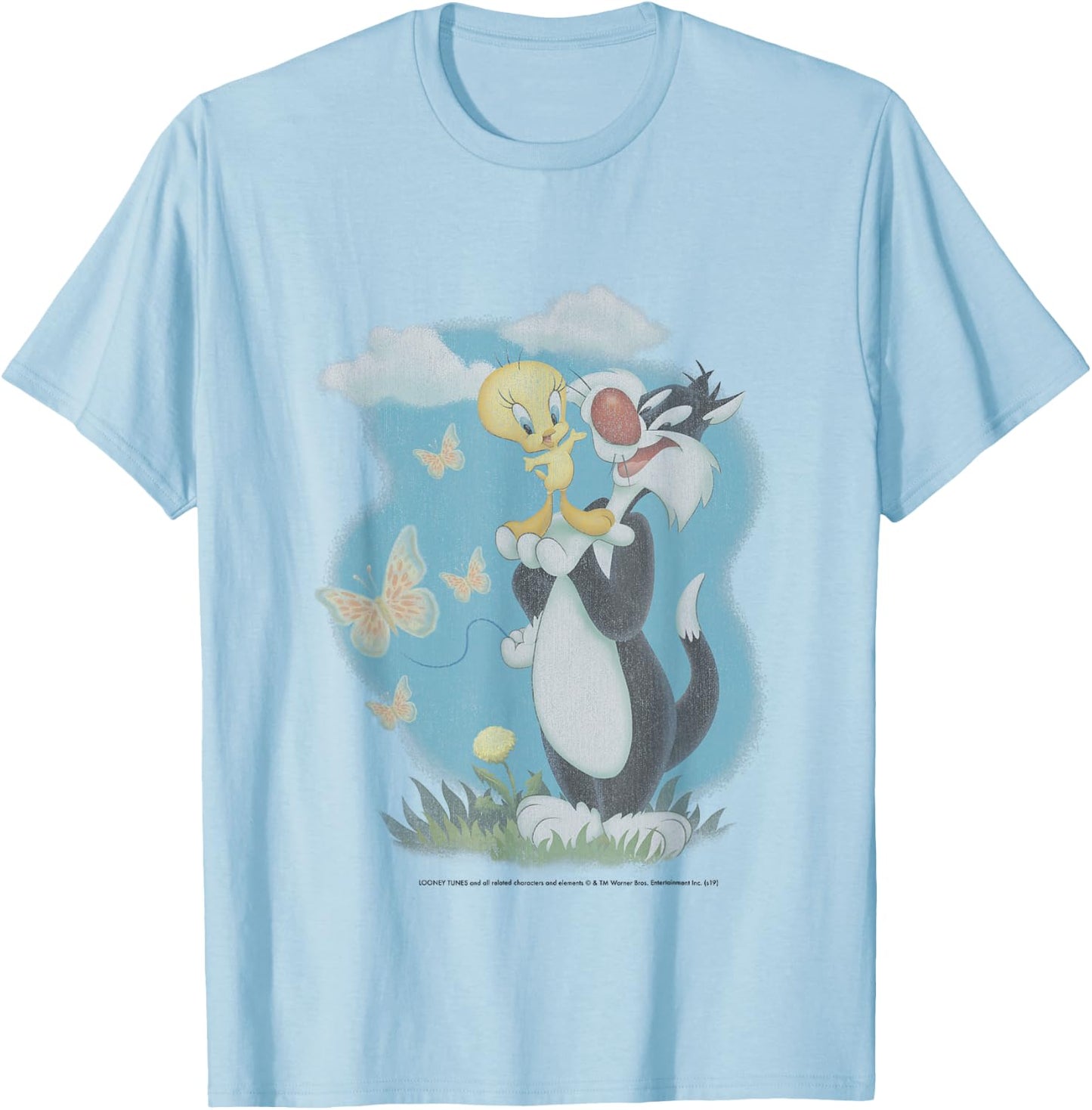Looney Tunes Sylvester And Tweety Bird Butterfly Portrait T-Shirt - T-Shirt | Light Blue