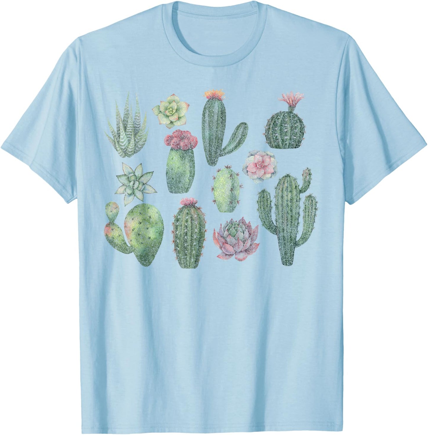 Trendy Watercolor Succulents Grid T-Shirt - T-Shirt | Light Blue