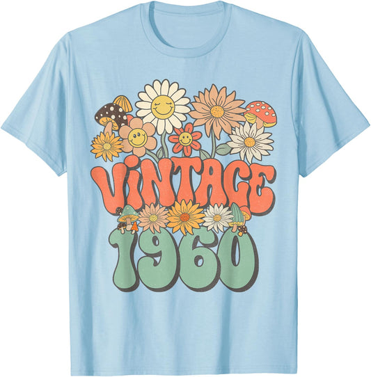 Vintage 1960 Floral Hippie Groovy Daisy Flower 65th Birthday T-Shirt - T-Shirt | Light Blue