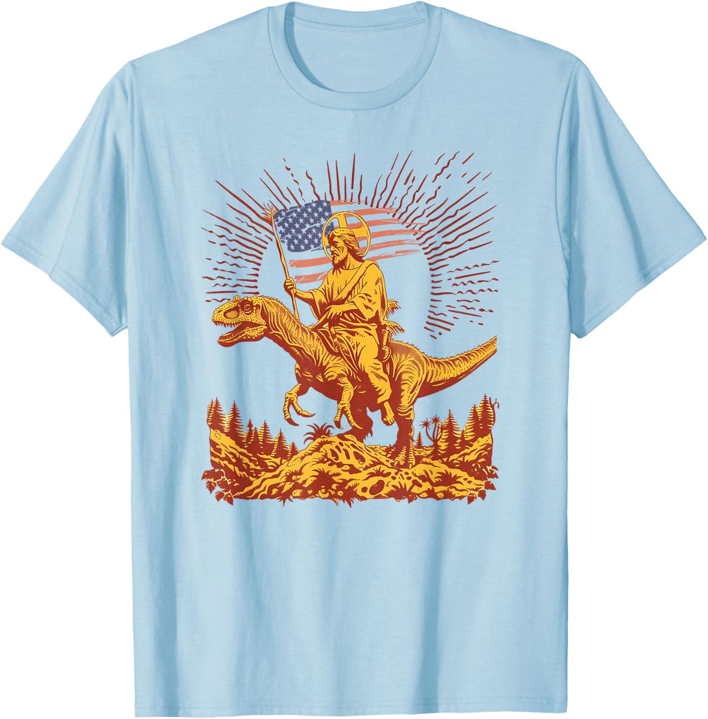 Jesus Riding Raptor Dinosaur USA Flag Funny Weird Patriotic T-Shirt - T-Shirt | Light Blue