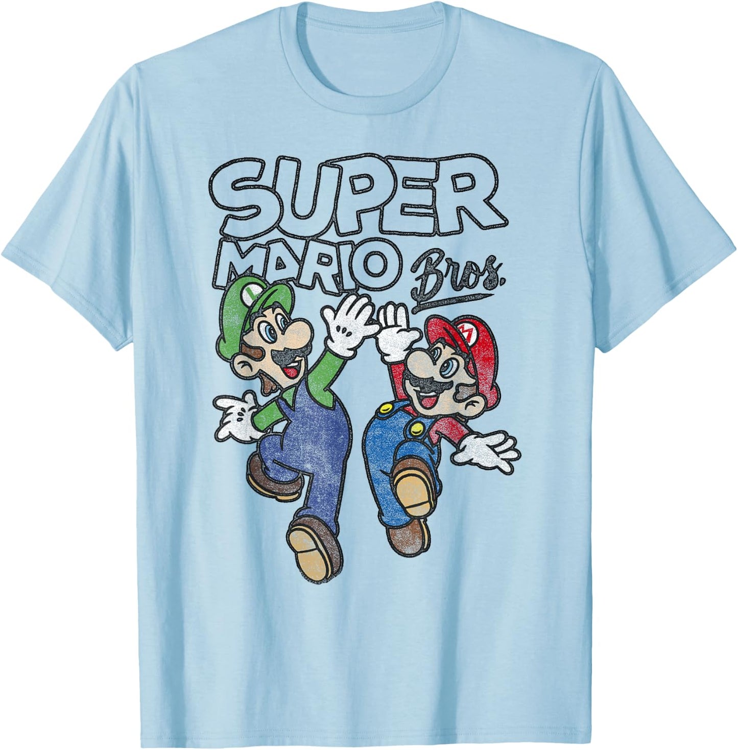 Super Mario Bros. Luigi And Mario High Five Portrait T-Shirt - T-Shirt | Light Blue